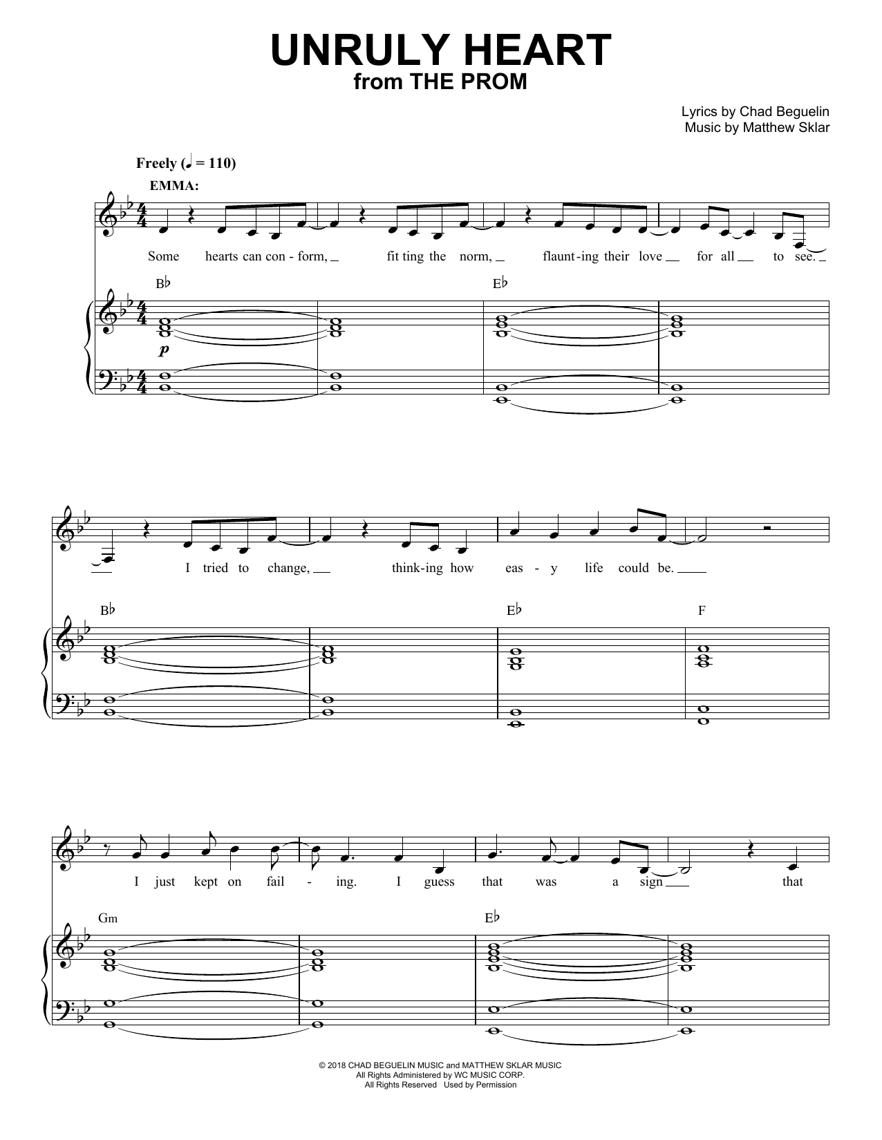 Matthew Sklar & Chad Beguelin Unruly Heart (from The Prom: A New Musical) sheet music notes and chords. Download Printable PDF.