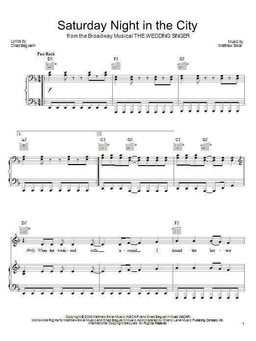 Learn to play Matthew Sklar Saturday Night In The City sheet music for Piano, Vocal & Guitar Chords (Right-Hand Melody) in minutes. Price: 7.8900$ Matthew Sklar Saturday Night In The City sheet music notes and chords arranged for Piano, Vocal & Guitar Chords (Right-Hand Melody)