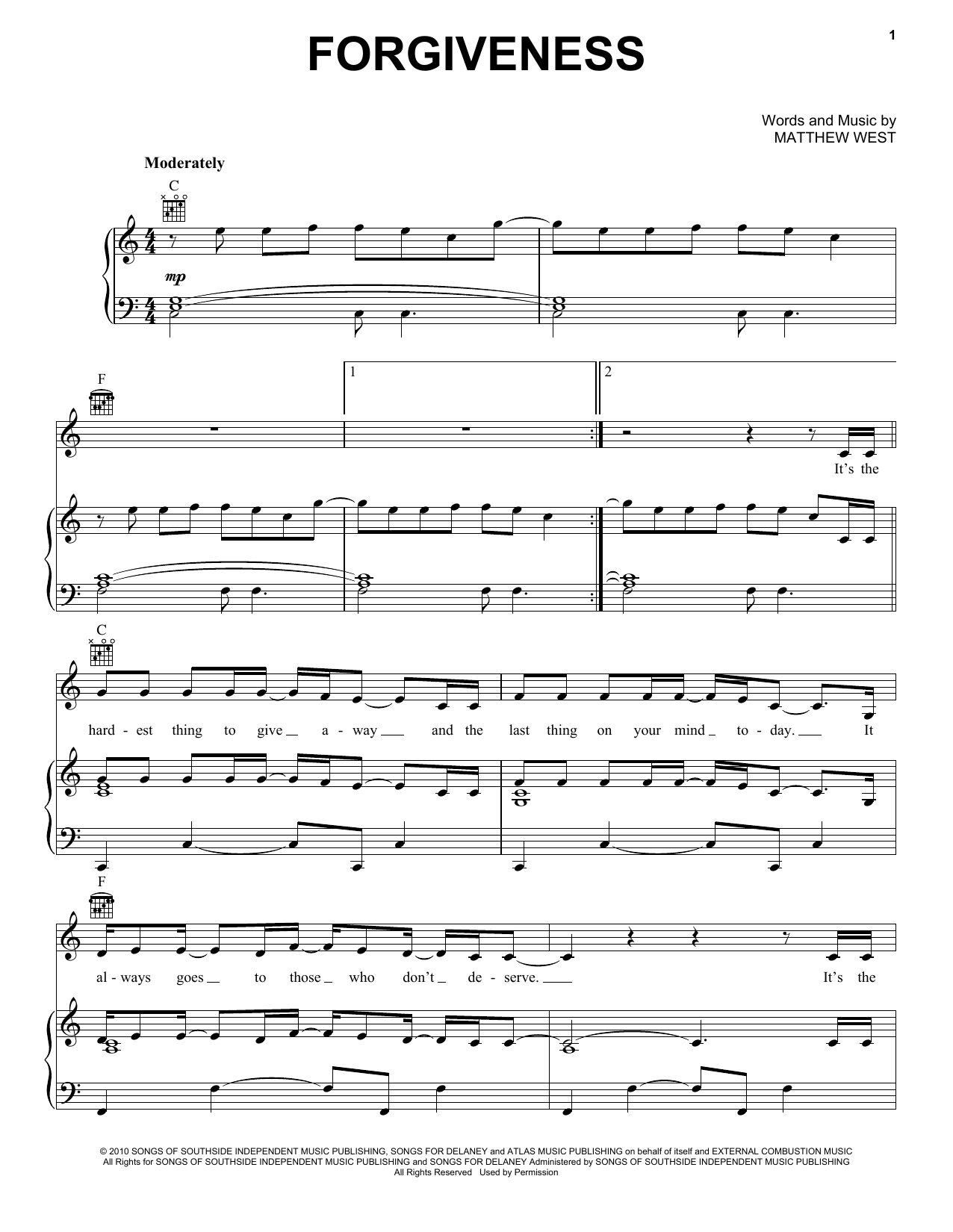 Matthew West Forgiveness sheet music notes and chords. Download Printable PDF.