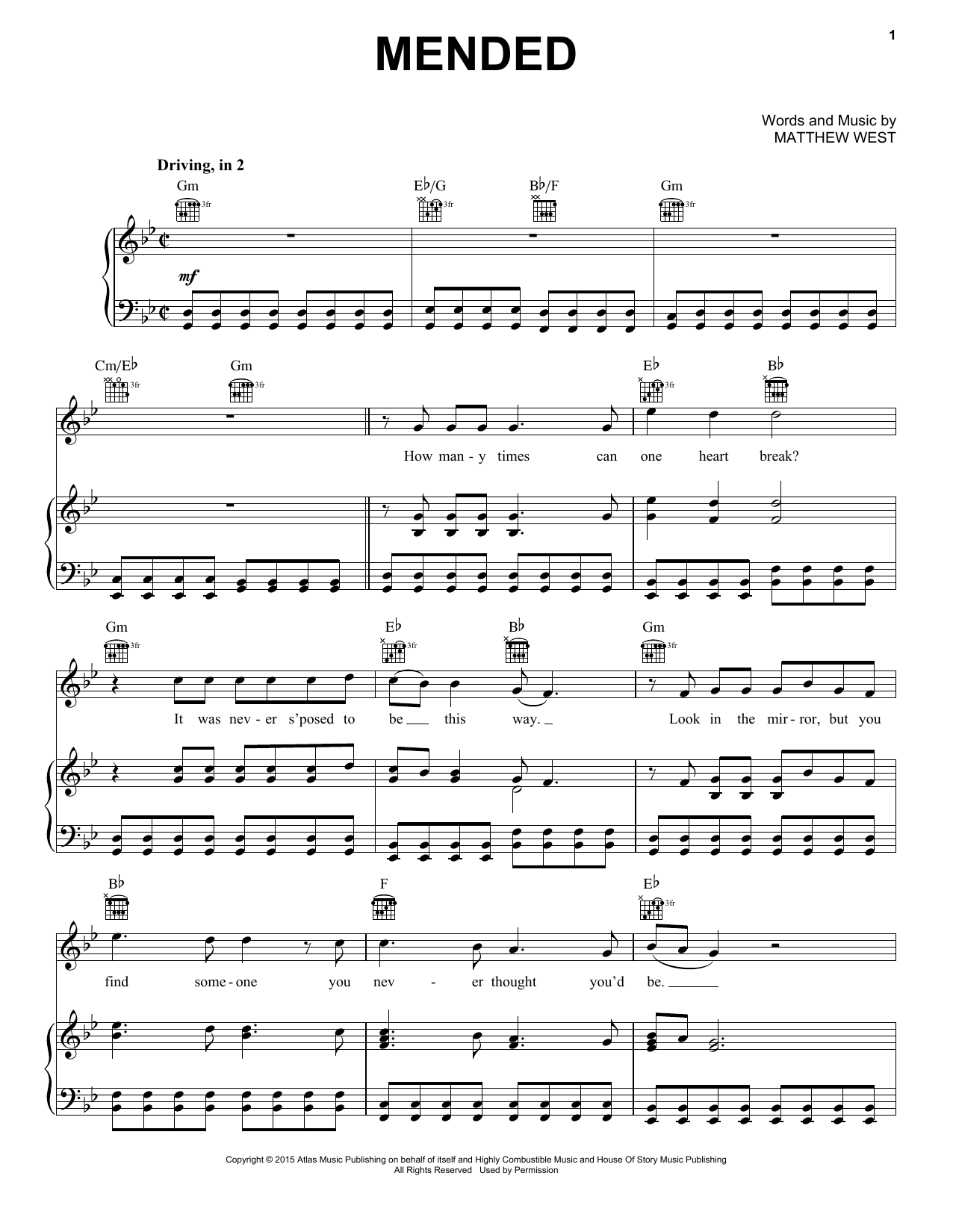 Learn to play Matthew West Mended sheet music for Piano, Vocal & Guitar Chords (Right-Hand Melody) in minutes. Price: 7.8900$ Matthew West Mended sheet music notes and chords arranged for Piano, Vocal & Guitar Chords (Right-Hand Melody)