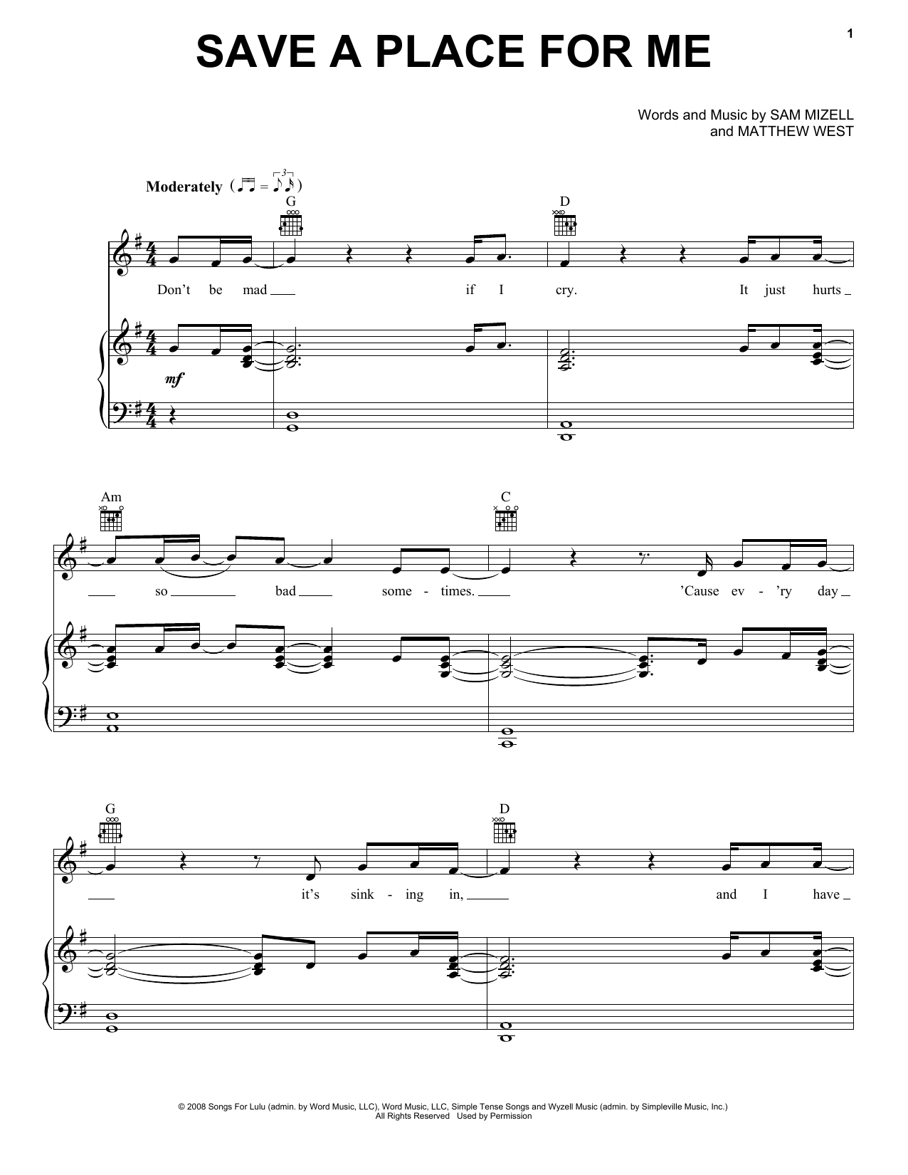 Matthew West Save A Place For Me sheet music notes and chords. Download Printable PDF.