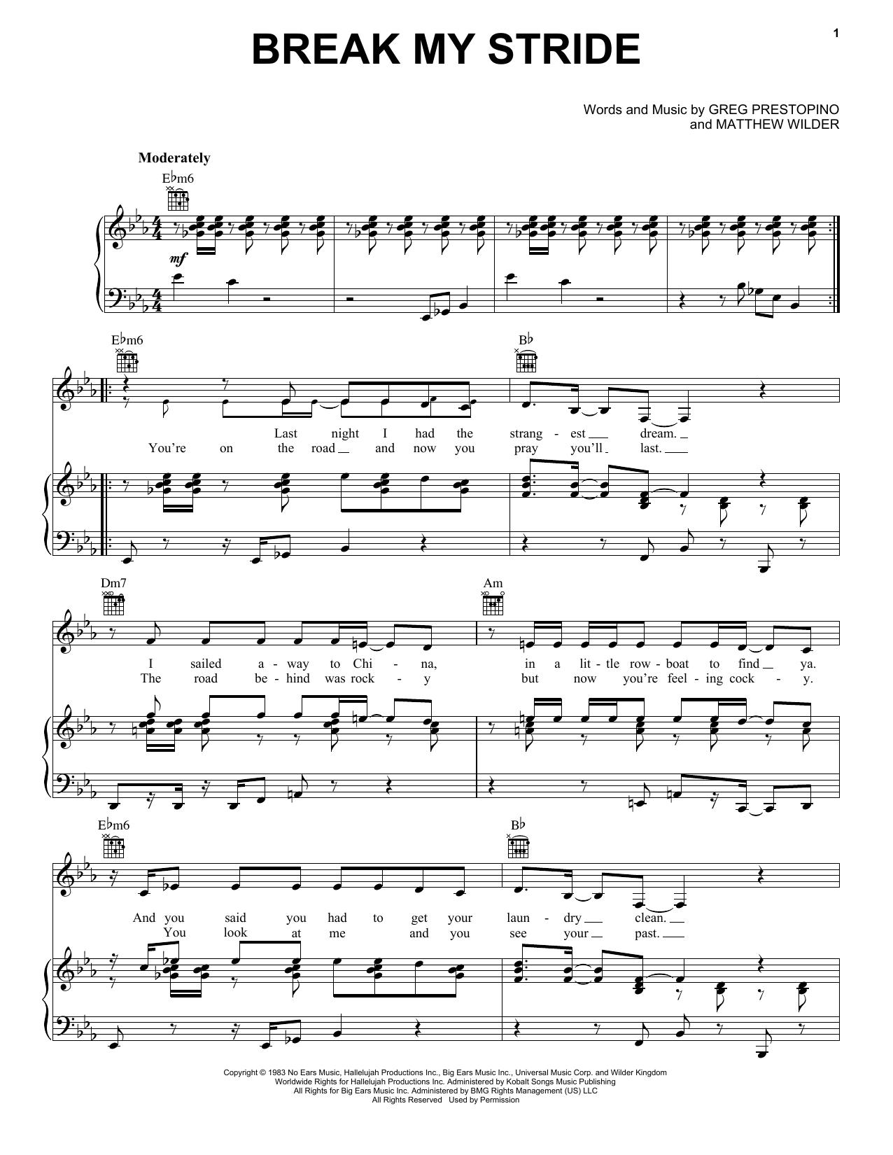 Learn to play Matthew Wilder Break My Stride sheet music for Piano, Vocal & Guitar Chords (Right-Hand Melody) in minutes. Price: 7.8900$ Matthew Wilder Break My Stride sheet music notes and chords arranged for Piano, Vocal & Guitar Chords (Right-Hand Melody)
