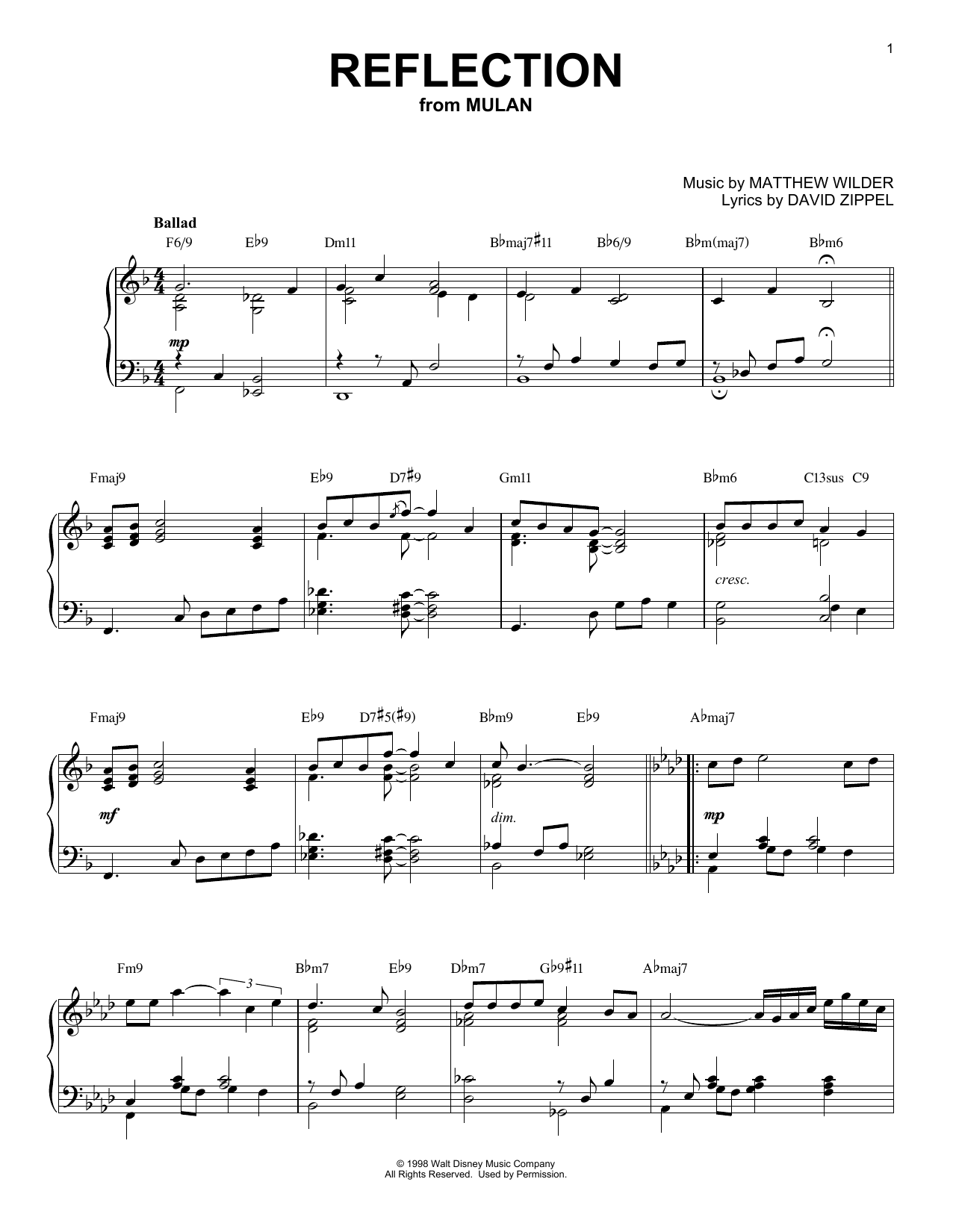 David Zippel Reflection [Jazz version] (from Disney's Mulan) sheet music notes and chords arranged for Piano Solo