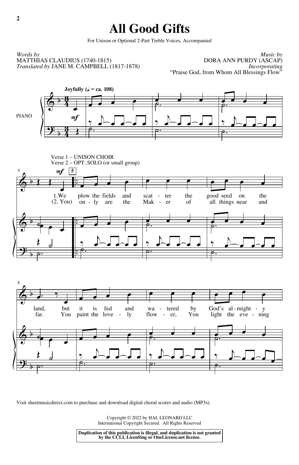 Matthias Claudius and Dora Ann Purdy All Good Gifts sheet music notes and chords. Download Printable PDF.