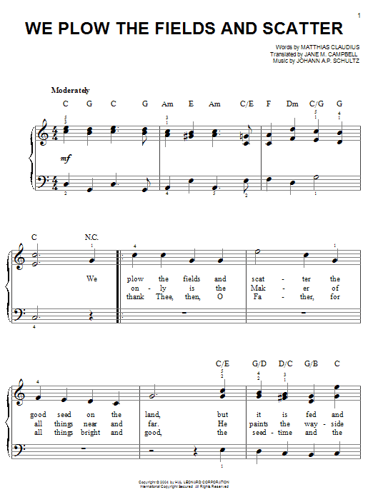 Learn to play Matthias Claudius We Plow The Fields And Scatter sheet music for Easy Piano in minutes. Price: 6.9900$ Matthias Claudius We Plow The Fields And Scatter sheet music notes and chords arranged for Easy Piano