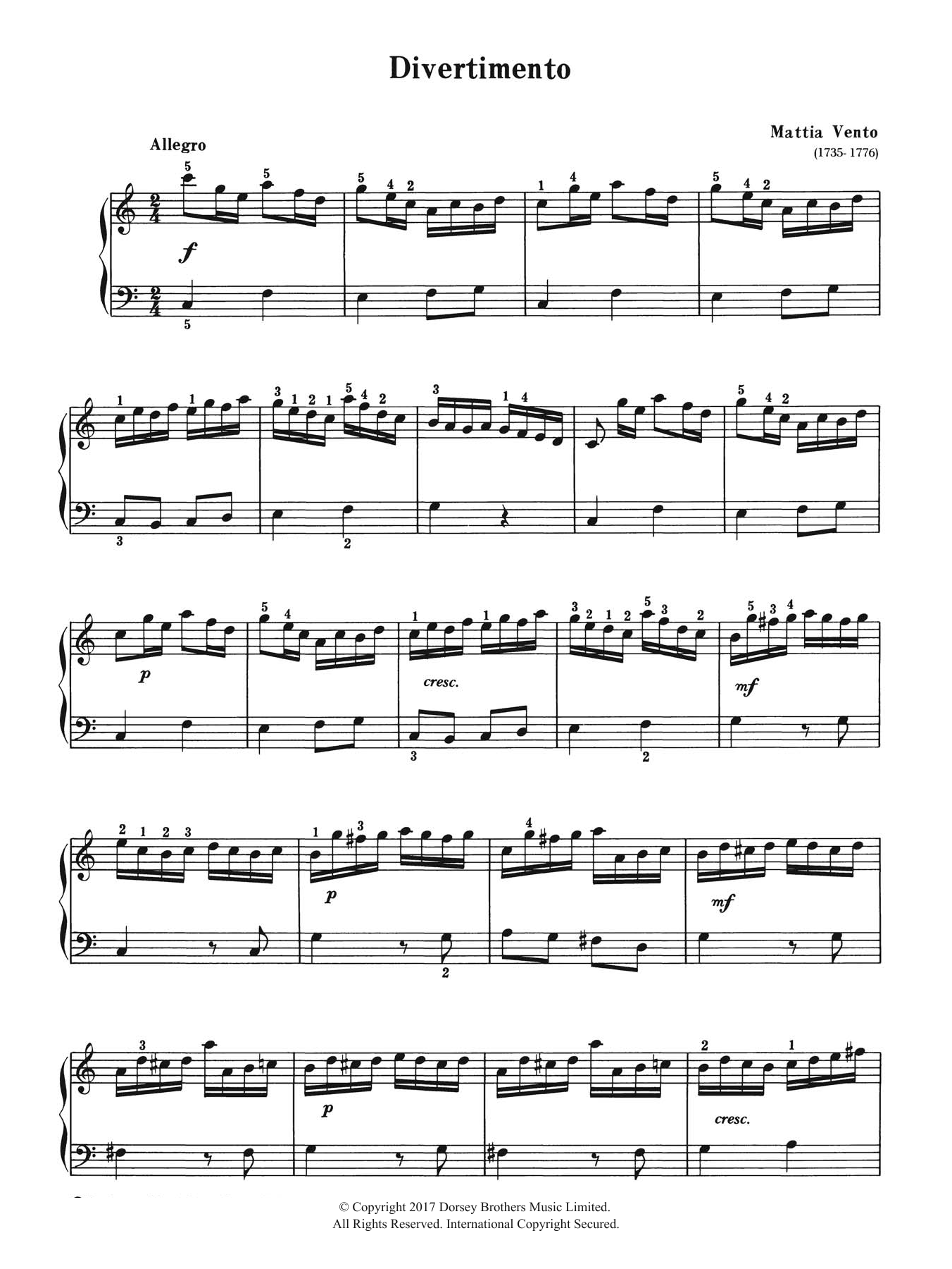 Learn to play Mattia Vento Divertimento sheet music for Piano Solo in minutes. Price: 7.8900$ Mattia Vento Divertimento sheet music notes and chords arranged for Piano Solo