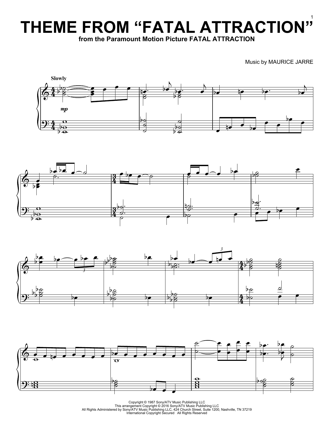 Learn to play Maurice Jarre Theme From Fatal Attraction sheet music for Piano Solo in minutes. Price: 7.8900$ Maurice Jarre Theme From Fatal Attraction sheet music notes and chords arranged for Piano Solo