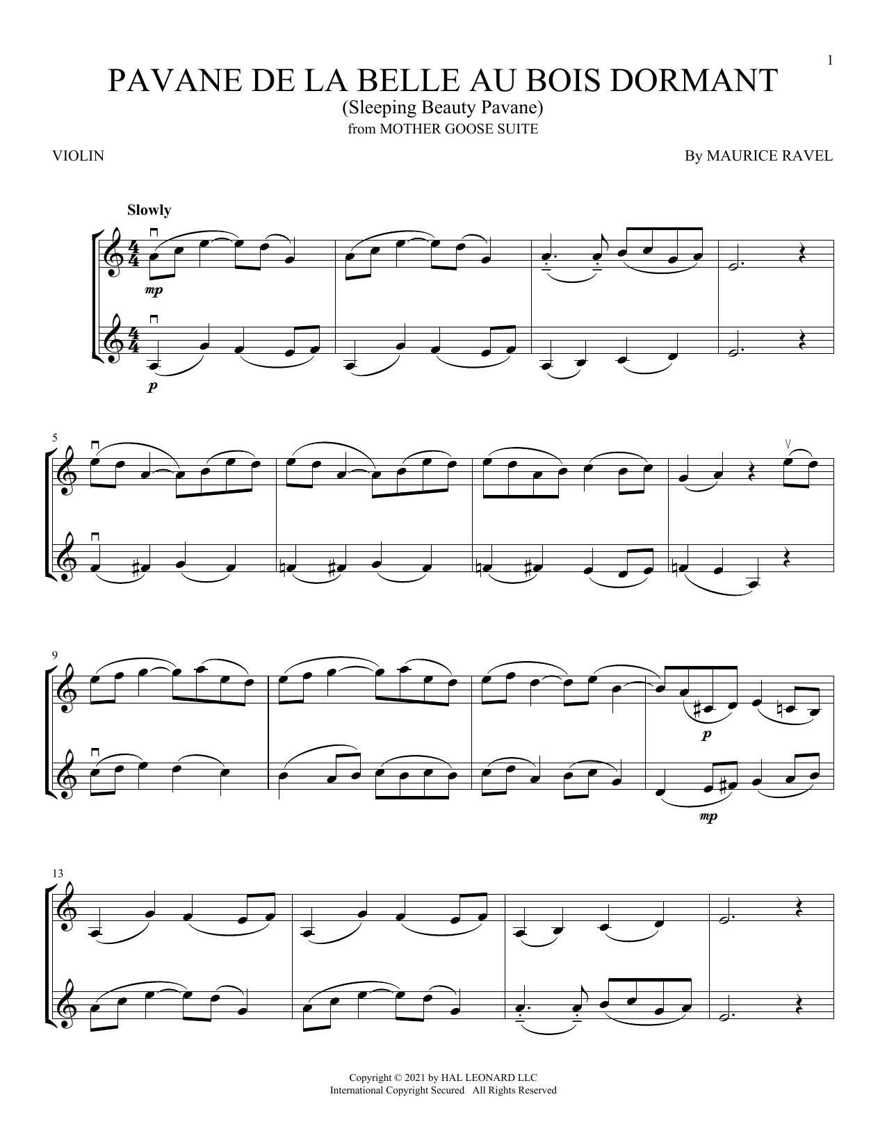 Learn to play Maurice Ravel Pavane de la belle au bois dormant (Sleeping Beauty Pavane) sheet music for Violin Duet in minutes. Price: 6.9900$ Maurice Ravel Pavane de la belle au bois dormant (Sleeping Beauty Pavane) sheet music notes and chords arranged for Violin Duet