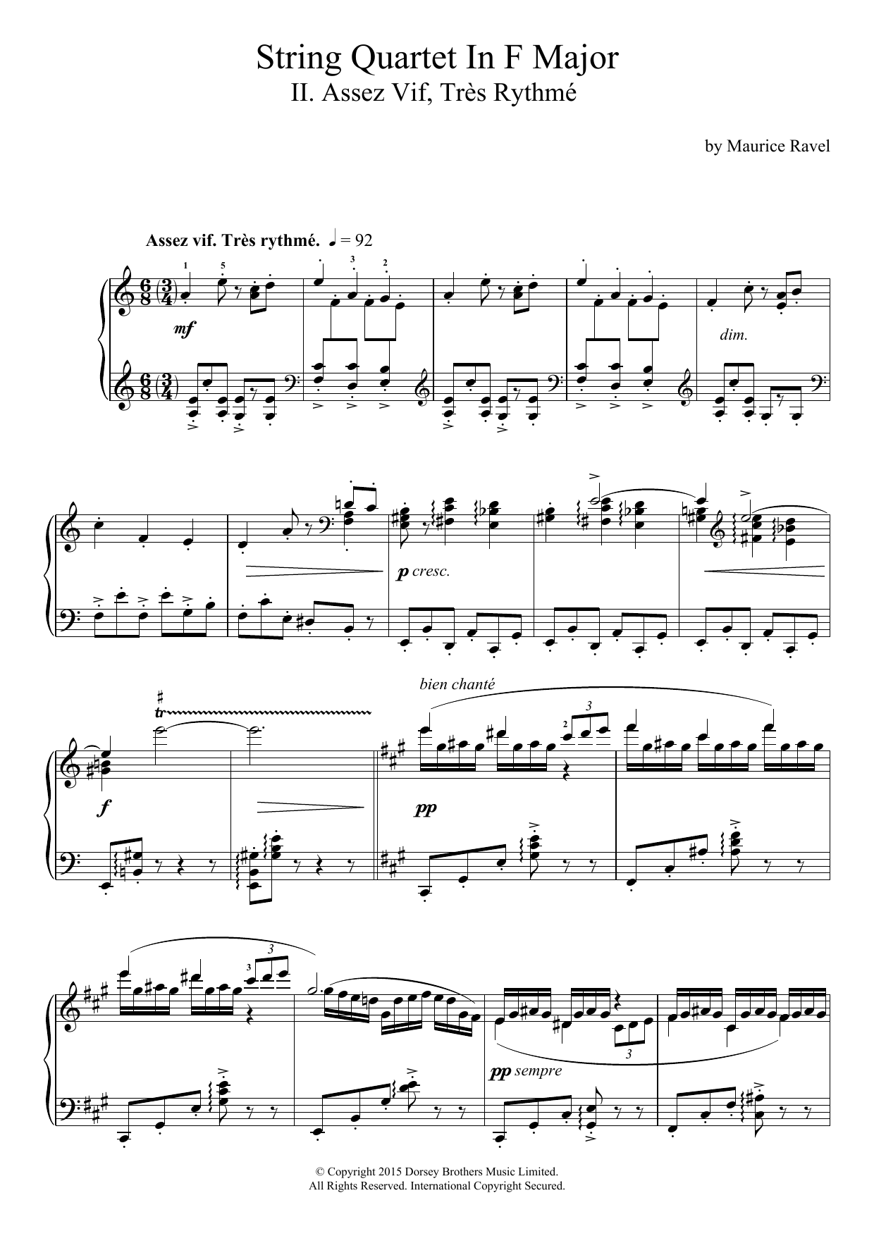 Maurice Ravel String Quartet In F Major - II. Assez Vif, Très Rythmé sheet music notes and chords arranged for Piano Solo