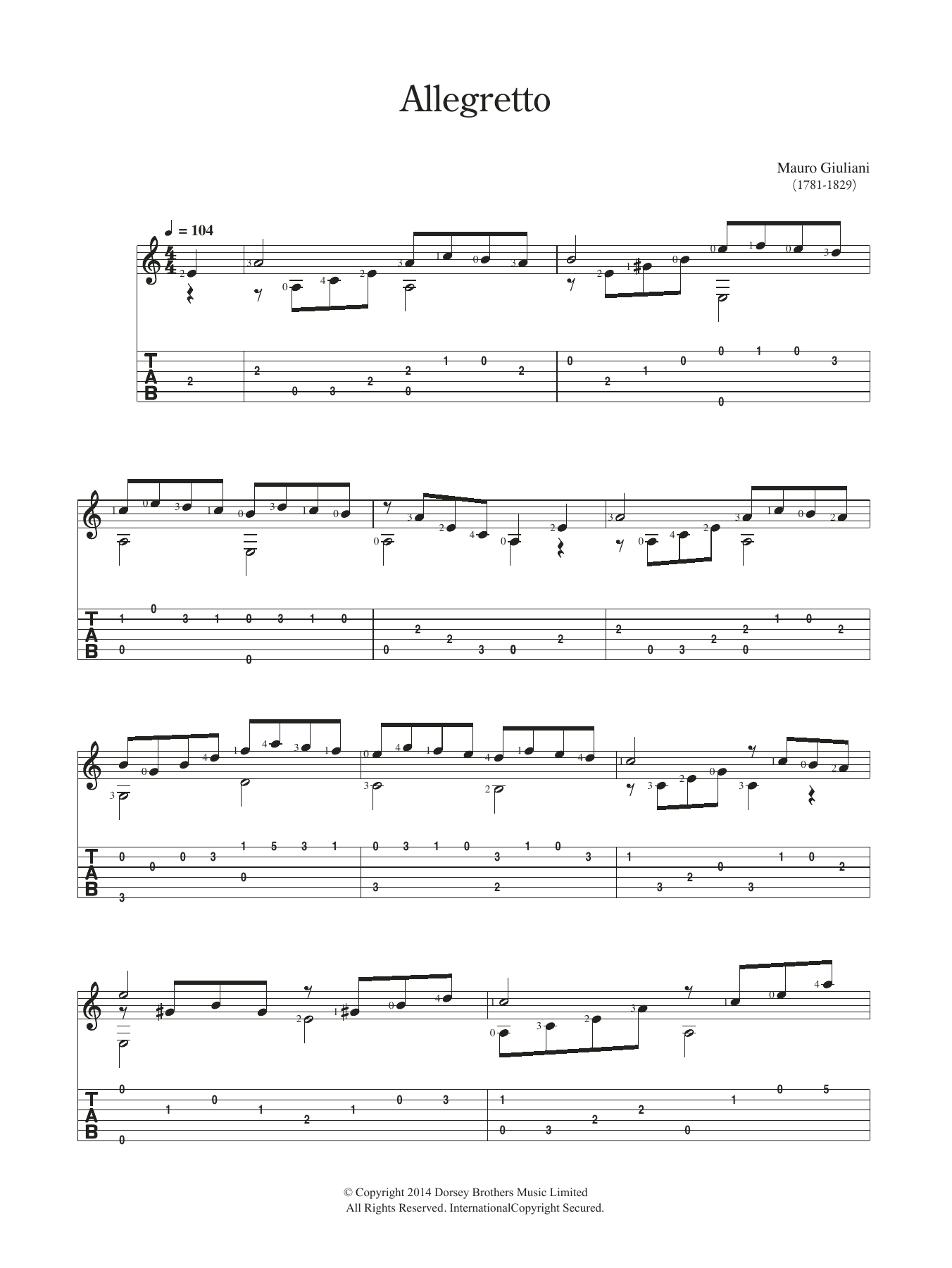 Mauro Giuliani Allegretto sheet music notes and chords. Download Printable PDF.