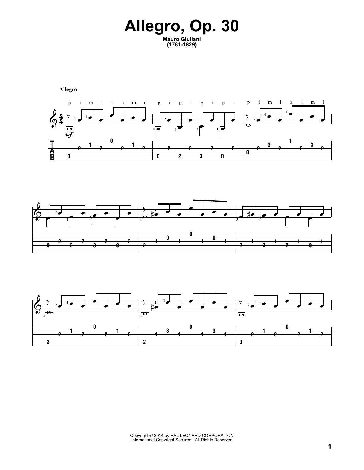 John Hill Allegro Op. 30 sheet music notes and chords arranged for Solo Guitar