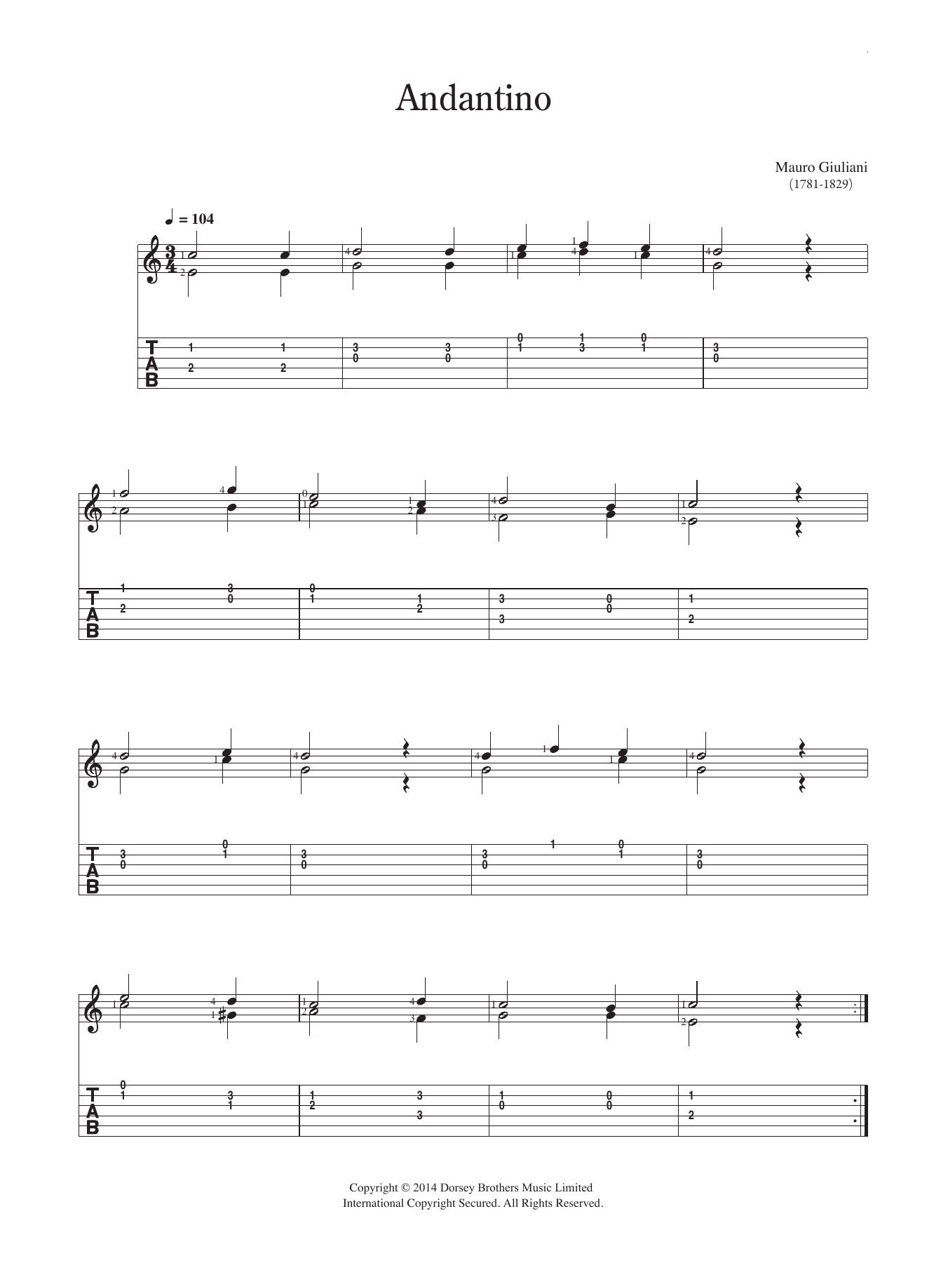 Mauro Giuliani Andantino sheet music notes and chords. Download Printable PDF.