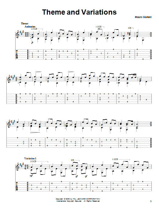 Mauro Giuliani Theme And Variations sheet music notes and chords. Download Printable PDF.