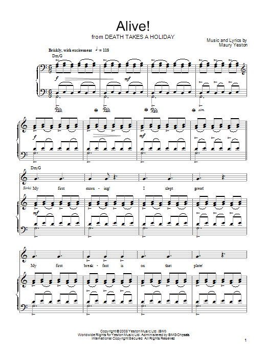 Learn to play Maury Yeston Alive! sheet music for Piano, Vocal & Guitar Chords (Right-Hand Melody) in minutes. Price: 7.8900$ Maury Yeston Alive! sheet music notes and chords arranged for Piano, Vocal & Guitar Chords (Right-Hand Melody)