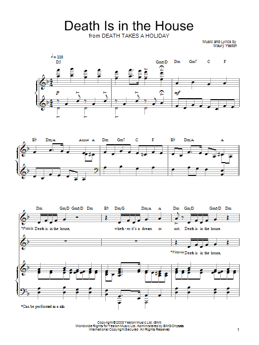 Learn to play Maury Yeston Death Is In The House sheet music for Piano, Vocal & Guitar Chords (Right-Hand Melody) in minutes. Price: 7.8900$ Maury Yeston Death Is In The House sheet music notes and chords arranged for Piano, Vocal & Guitar Chords (Right-Hand Melody)