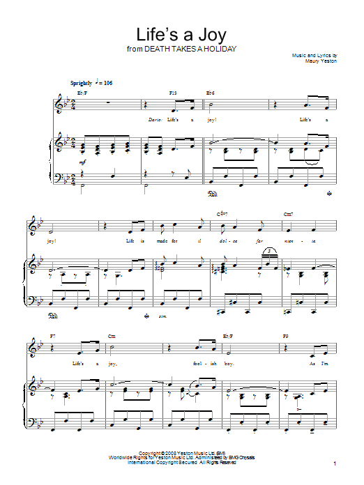 Learn to play Maury Yeston Life's A Joy sheet music for Piano, Vocal & Guitar Chords (Right-Hand Melody) in minutes. Price: 7.8900$ Maury Yeston Life's A Joy sheet music notes and chords arranged for Piano, Vocal & Guitar Chords (Right-Hand Melody)