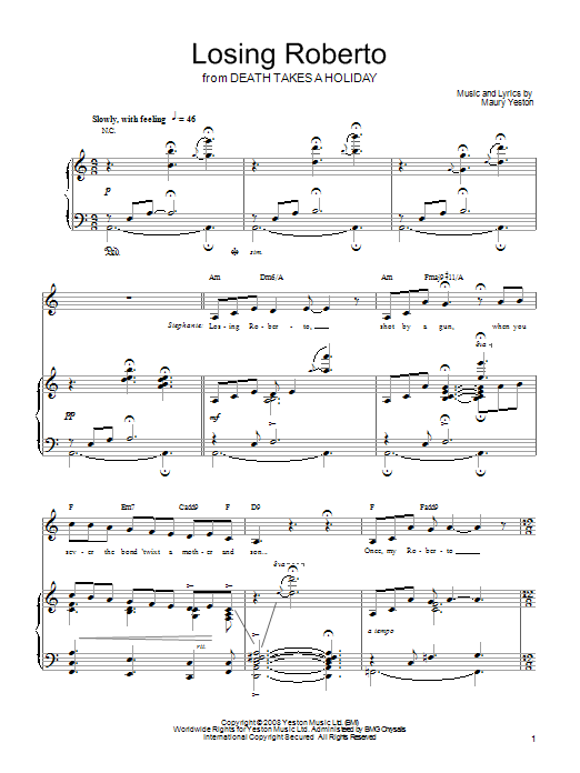 Learn to play Maury Yeston Losing Roberto sheet music for Piano, Vocal & Guitar Chords (Right-Hand Melody) in minutes. Price: 7.8900$ Maury Yeston Losing Roberto sheet music notes and chords arranged for Piano, Vocal & Guitar Chords (Right-Hand Melody)