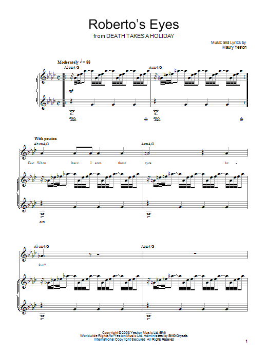 Learn to play Maury Yeston Roberto's Eyes sheet music for Piano, Vocal & Guitar Chords (Right-Hand Melody) in minutes. Price: 7.8900$ Maury Yeston Roberto's Eyes sheet music notes and chords arranged for Piano, Vocal & Guitar Chords (Right-Hand Melody)