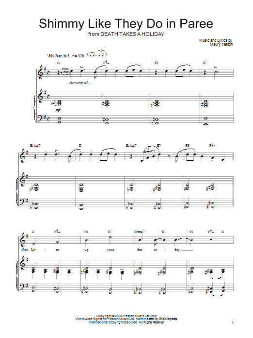 Learn to play Maury Yeston Shimmy Like They Do In Paree sheet music for Piano, Vocal & Guitar Chords (Right-Hand Melody) in minutes. Price: 7.8900$ Maury Yeston Shimmy Like They Do In Paree sheet music notes and chords arranged for Piano, Vocal & Guitar Chords (Right-Hand Melody)