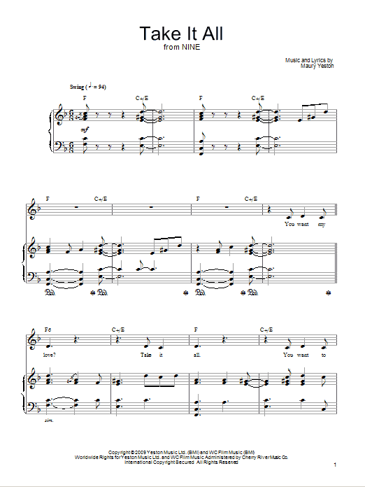 Learn to play Maury Yeston Take It All sheet music for Piano, Vocal & Guitar Chords (Right-Hand Melody) in minutes. Price: 7.8900$ Maury Yeston Take It All sheet music notes and chords arranged for Piano, Vocal & Guitar Chords (Right-Hand Melody)