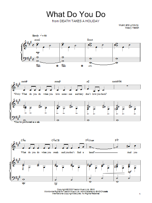 Learn to play Maury Yeston What Do You Do sheet music for Piano, Vocal & Guitar Chords (Right-Hand Melody) in minutes. Price: 7.8900$ Maury Yeston What Do You Do sheet music notes and chords arranged for Piano, Vocal & Guitar Chords (Right-Hand Melody)