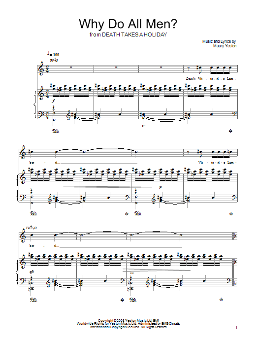 Learn to play Maury Yeston Why Do All Men? sheet music for Piano, Vocal & Guitar Chords (Right-Hand Melody) in minutes. Price: 7.8900$ Maury Yeston Why Do All Men? sheet music notes and chords arranged for Piano, Vocal & Guitar Chords (Right-Hand Melody)