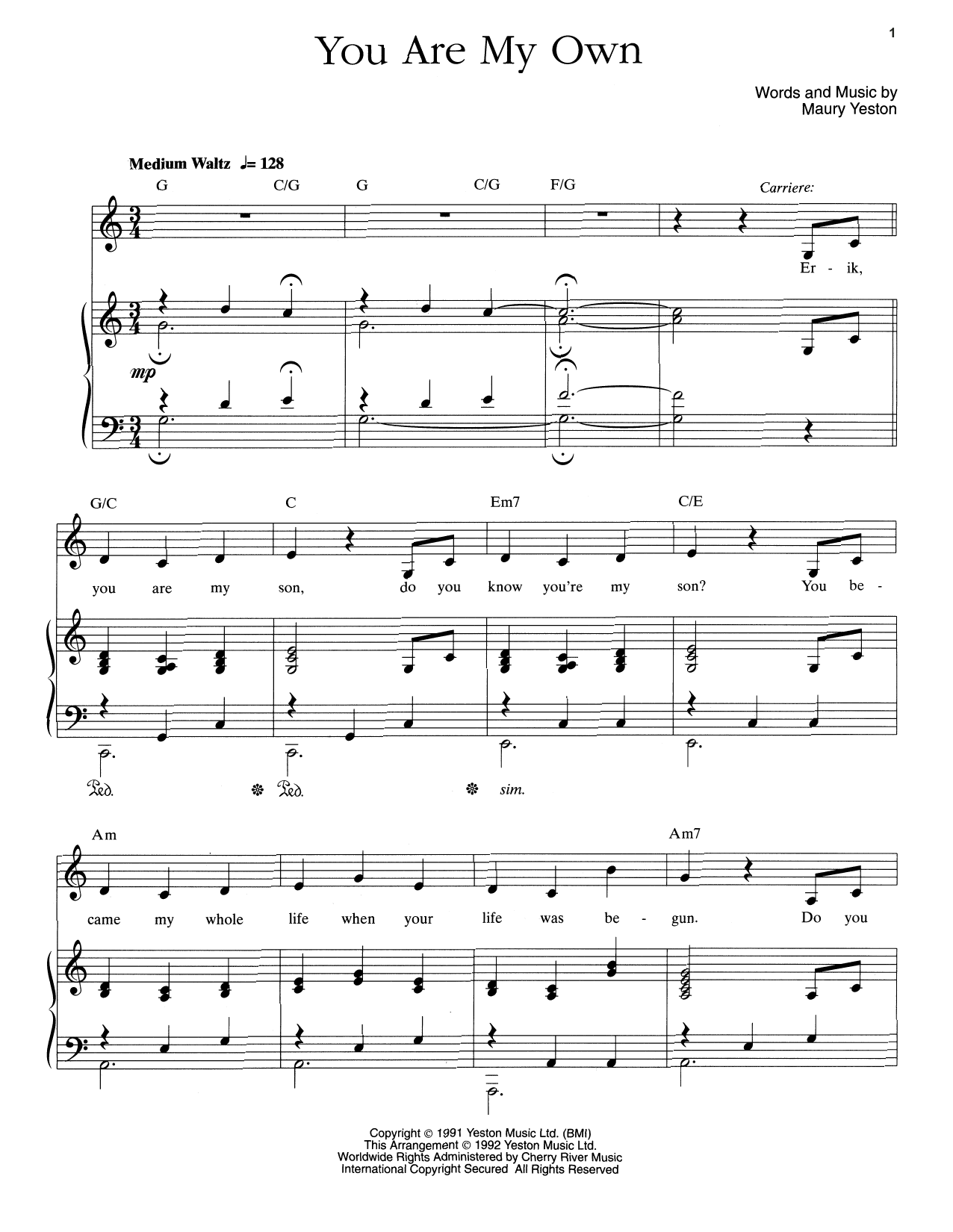 Learn to play Maury Yeston You Are My Own sheet music for Piano & Vocal in minutes. Price: 7.8900$ Maury Yeston You Are My Own sheet music notes and chords arranged for Piano & Vocal