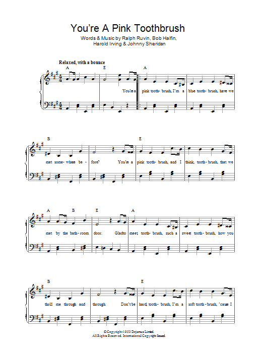 Learn to play Bob Halfin You're A Pink Toothbrush sheet music for Piano & Vocal in minutes. Price: 6.9900$ Bob Halfin You're A Pink Toothbrush sheet music notes and chords arranged for Piano & Vocal