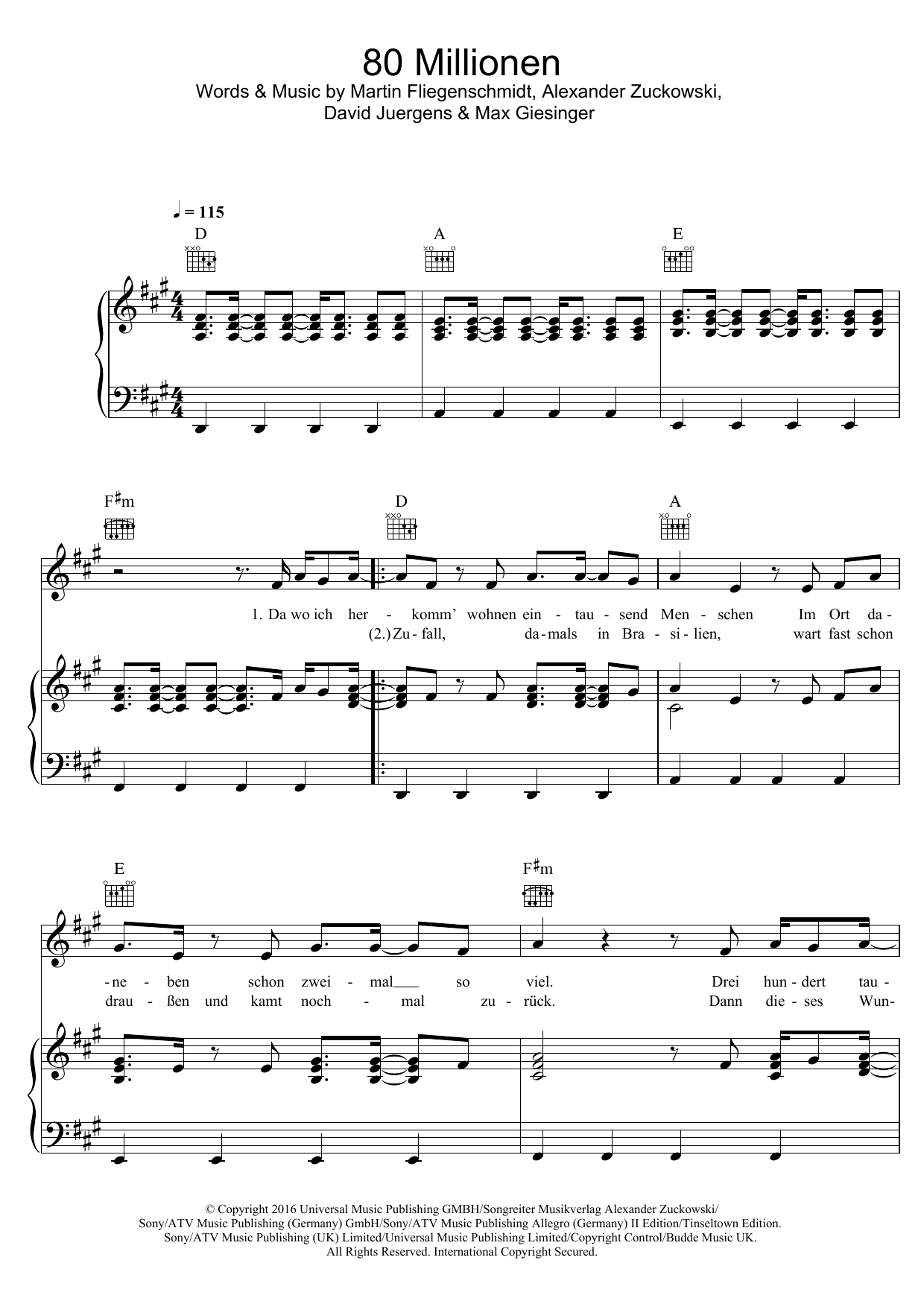 Learn to play Max Giesinger 80 Millionen sheet music for Piano, Vocal & Guitar Chords (Right-Hand Melody) in minutes. Price: 7.8900$ Max Giesinger 80 Millionen sheet music notes and chords arranged for Piano, Vocal & Guitar Chords (Right-Hand Melody)