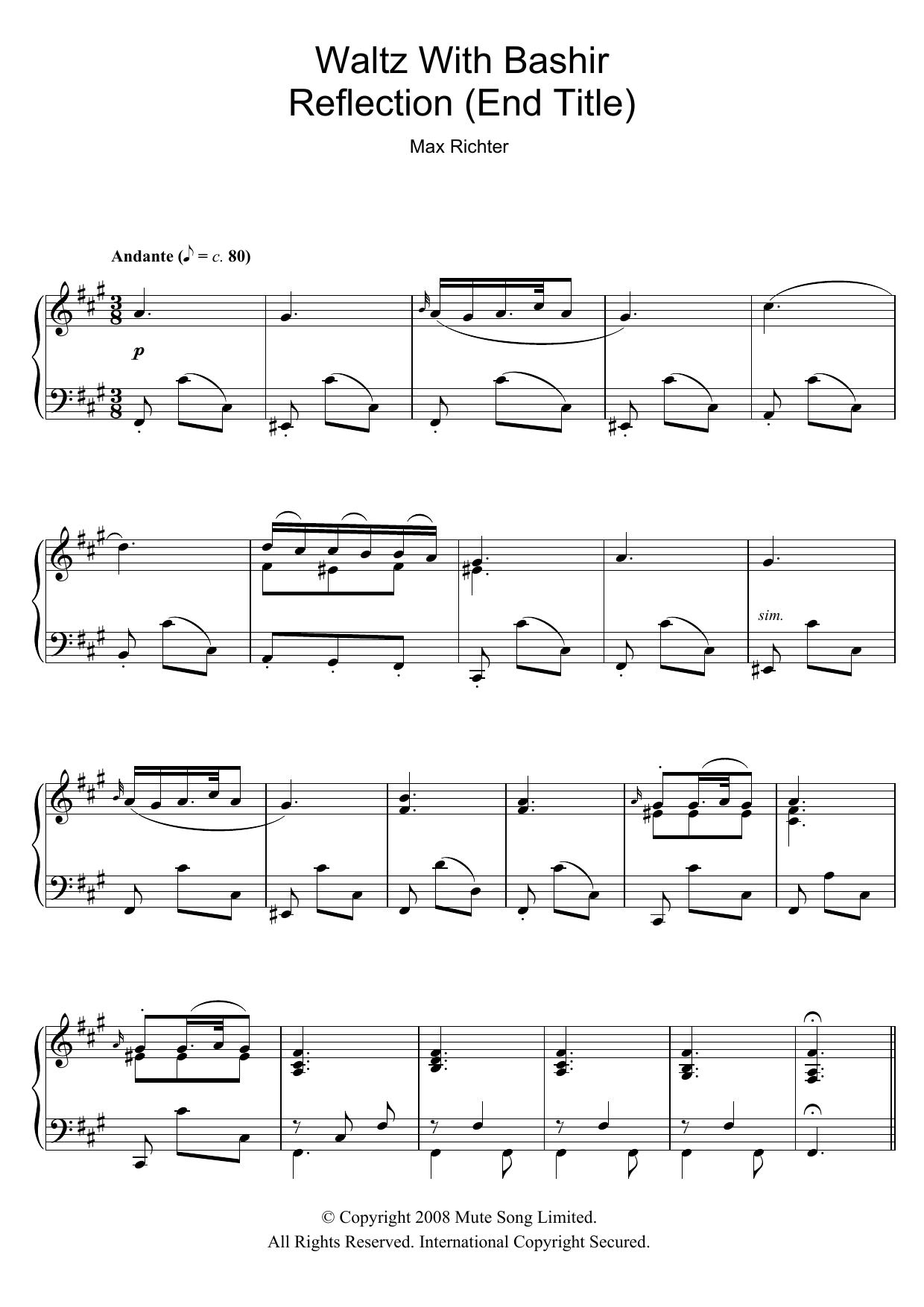 Max Richter Andante / Reflection (after Schubert D.959) (End Title from Waltz With Bashir) sheet music notes and chords. Download Printable PDF.