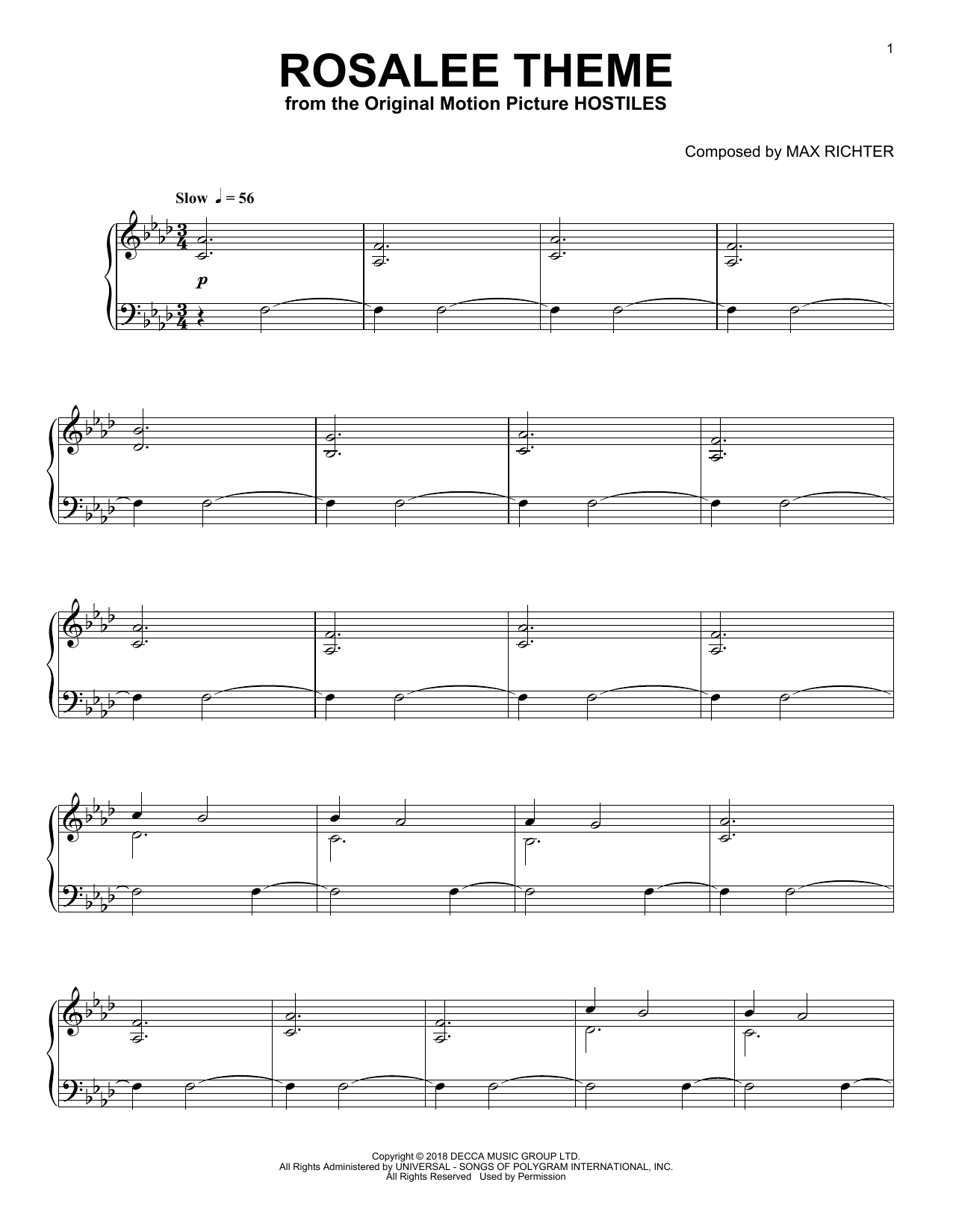 Max Richter Rosalee Theme (from Hostiles) sheet music notes and chords. Download Printable PDF.