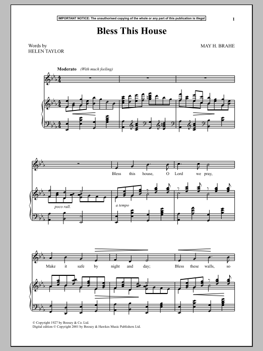 Learn to play May H. Brahe Bless This House sheet music for Piano & Vocal in minutes. Price: 6.9900$ May H. Brahe Bless This House sheet music notes and chords arranged for Piano & Vocal