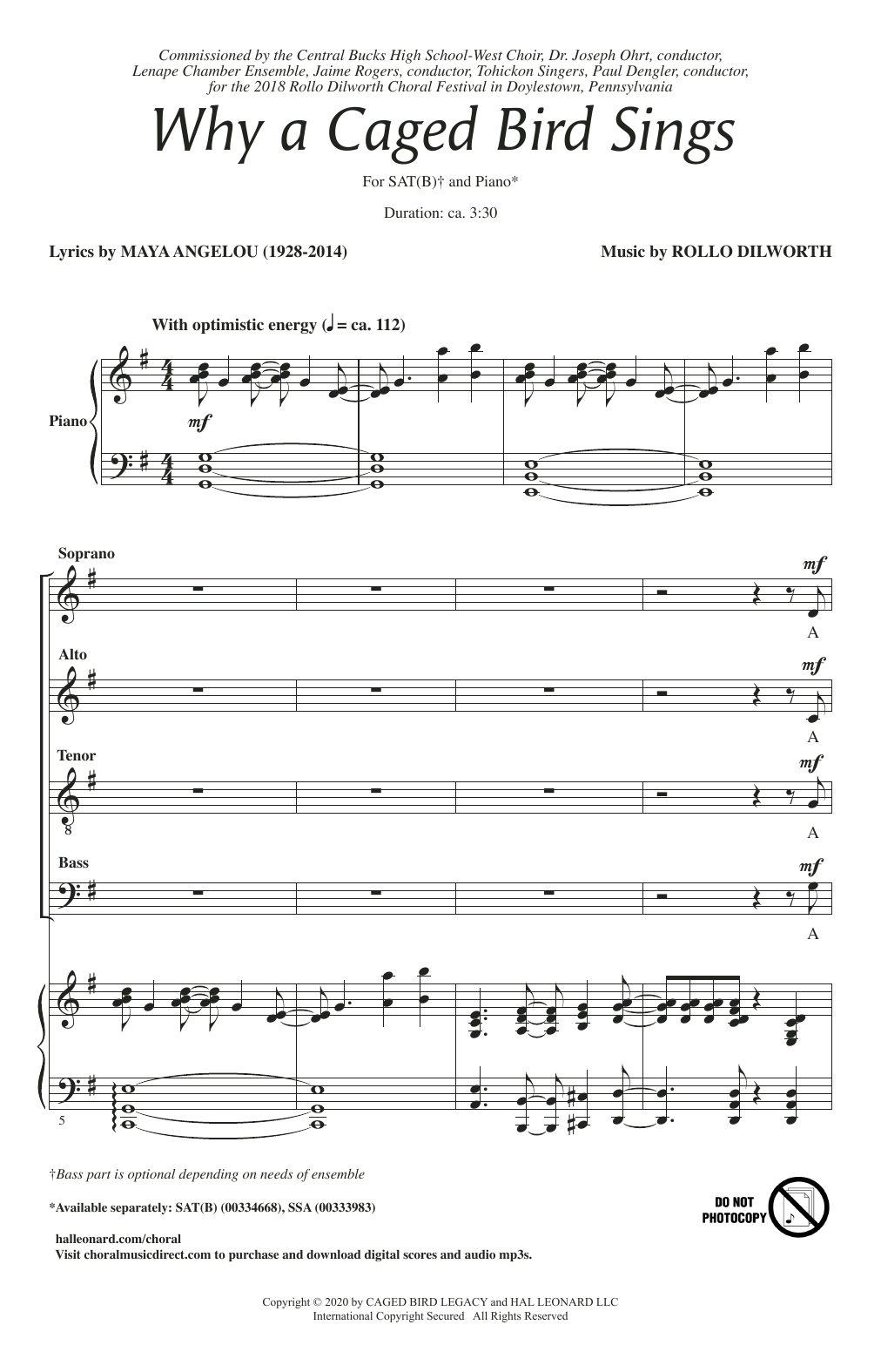 Learn to play Maya Angelou and Rollo Dilworth Why A Caged Bird Sings sheet music for SATB Choir in minutes. Price: 3.9900$ Maya Angelou and Rollo Dilworth Why A Caged Bird Sings sheet music notes and chords arranged for SATB Choir