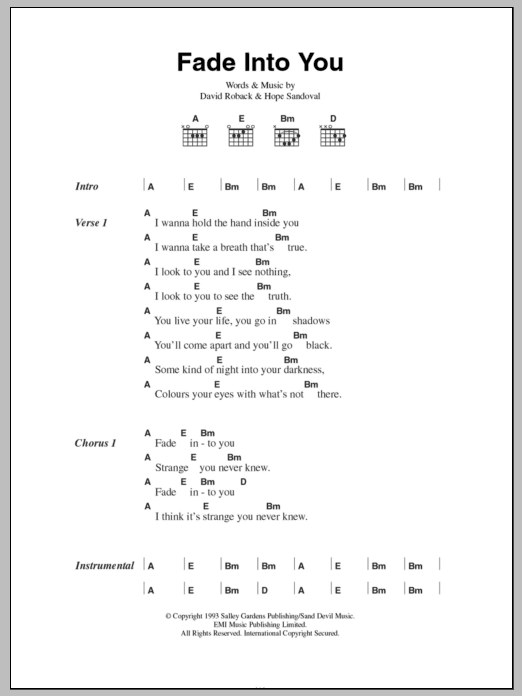 Mazzy Star Fade Into You sheet music notes and chords. Download Printable PDF.