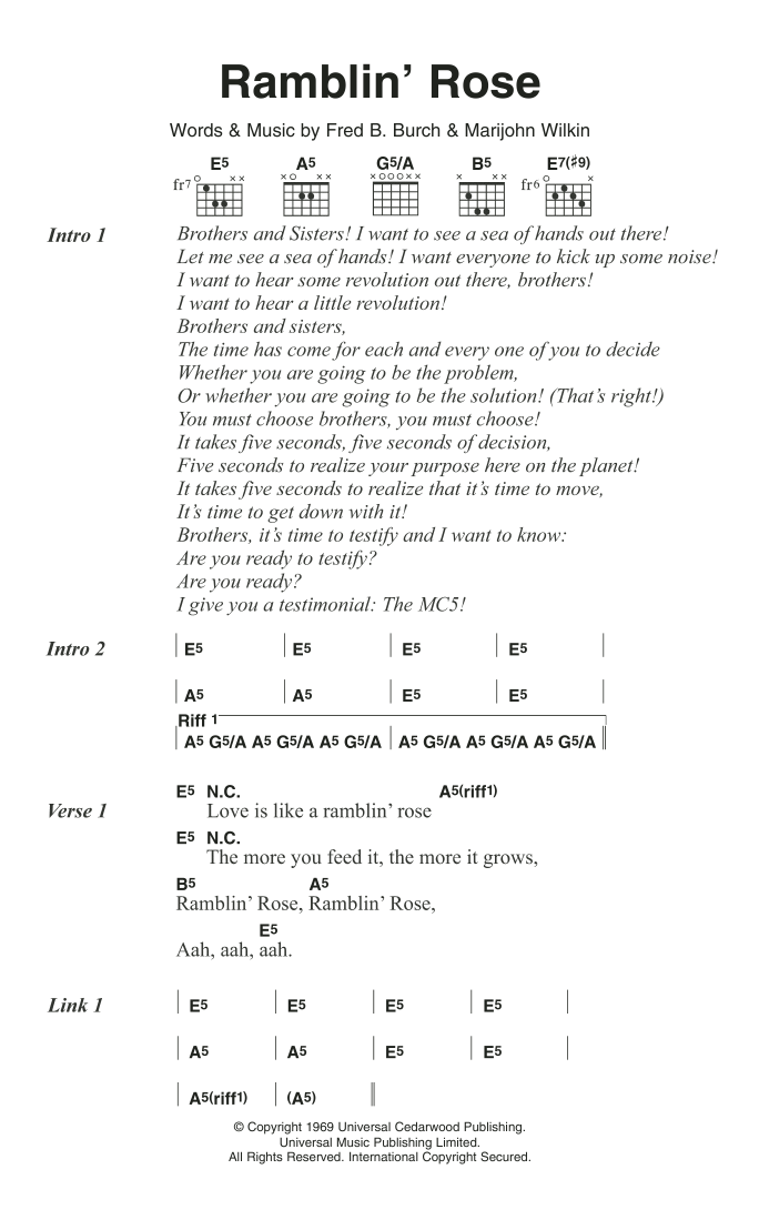 MC5 Ramblin' Rose sheet music notes and chords. Download Printable PDF.