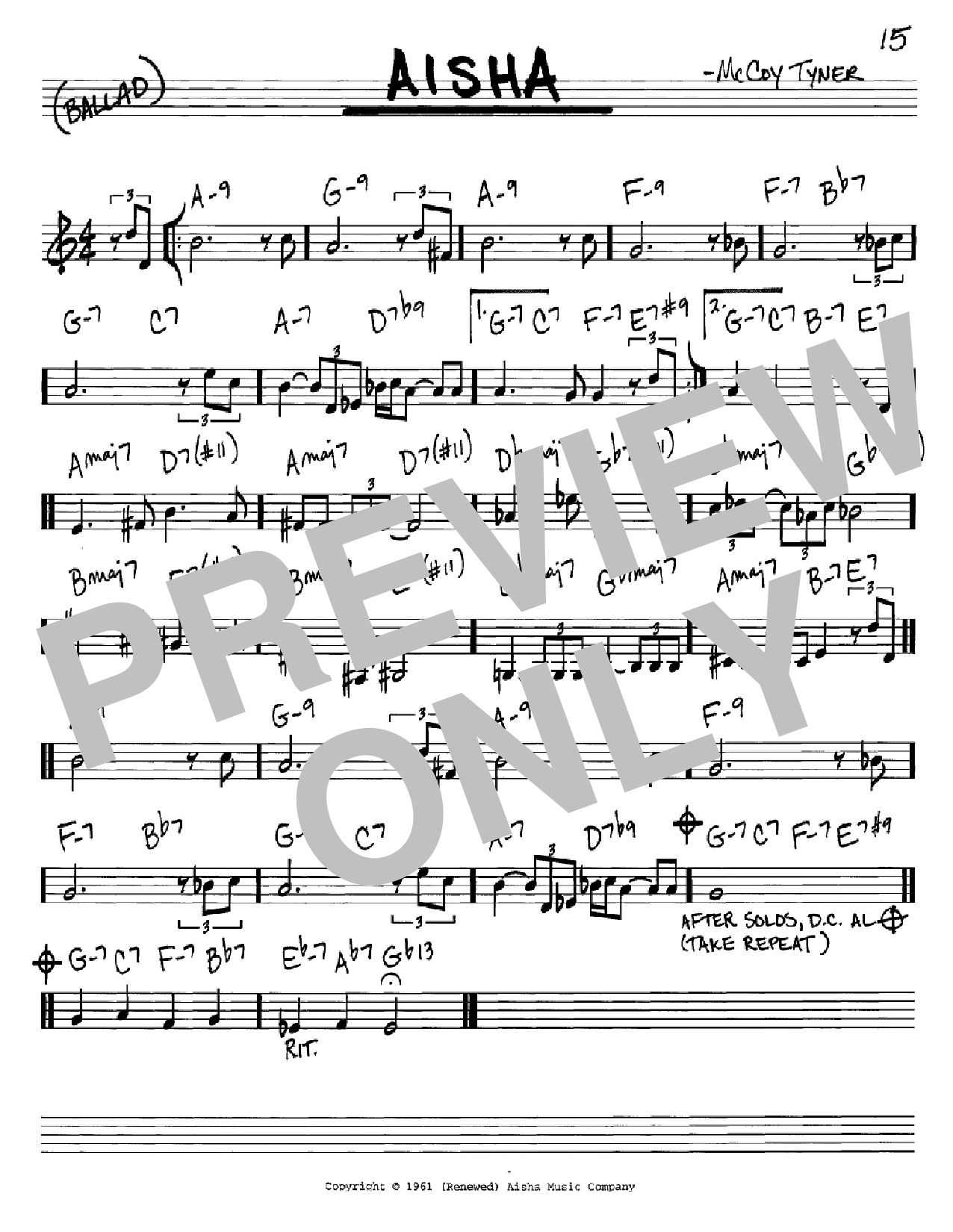 Learn to play McCoy Tyner Aisha sheet music for Real Book – Melody & Chords – C Instruments in minutes. Price: 5.9900$ McCoy Tyner Aisha sheet music notes and chords arranged for Real Book – Melody & Chords – C Instruments