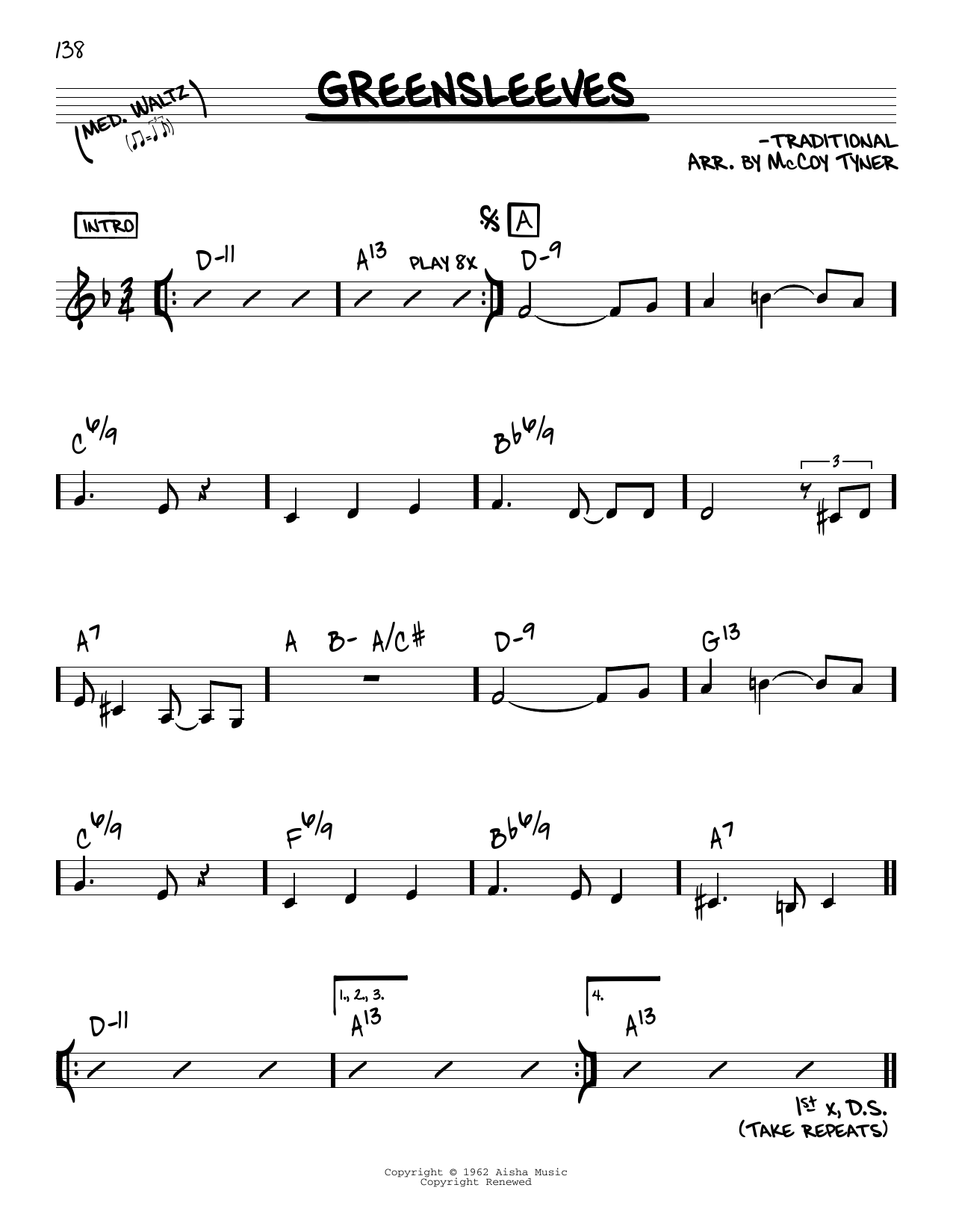Learn to play McCoy Tyner (Arr.) Greensleeves sheet music for Real Book – Melody & Chords in minutes. Price: 5.9900$ McCoy Tyner (Arr.) Greensleeves sheet music notes and chords arranged for Real Book – Melody & Chords