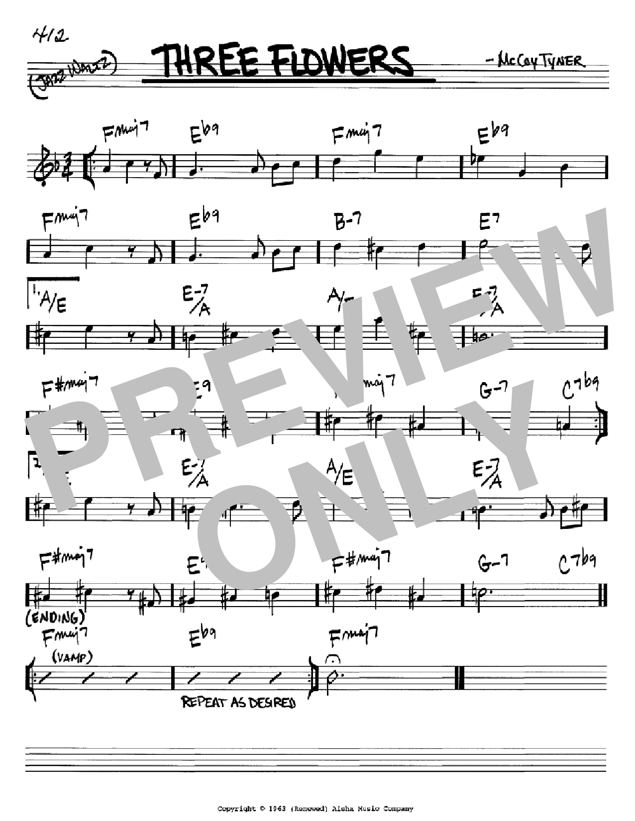 Learn to play McCoy Tyner Three Flowers sheet music for Real Book – Melody & Chords – Bb Instruments in minutes. Price: 5.9900$ McCoy Tyner Three Flowers sheet music notes and chords arranged for Real Book – Melody & Chords – Bb Instruments