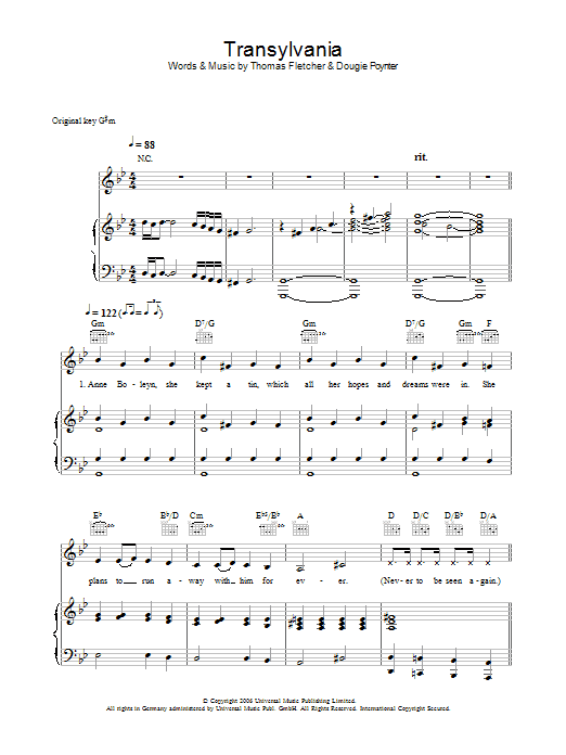 McFly Transylvania sheet music notes and chords arranged for Piano, Vocal & Guitar Chords