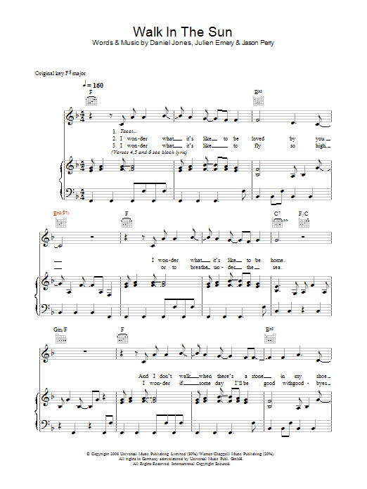 Learn to play McFly Walk In The Sun sheet music for Piano, Vocal & Guitar Chords in minutes. Price: 7.8900$ McFly Walk In The Sun sheet music notes and chords arranged for Piano, Vocal & Guitar Chords