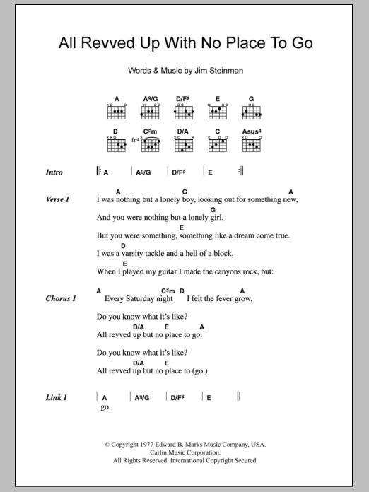 Meat Loaf All Revved Up With No Place To Go sheet music notes and chords. Download Printable PDF.