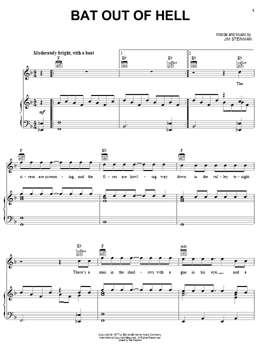 Meat Loaf Bat Out Of Hell sheet music notes and chords. Download Printable PDF.