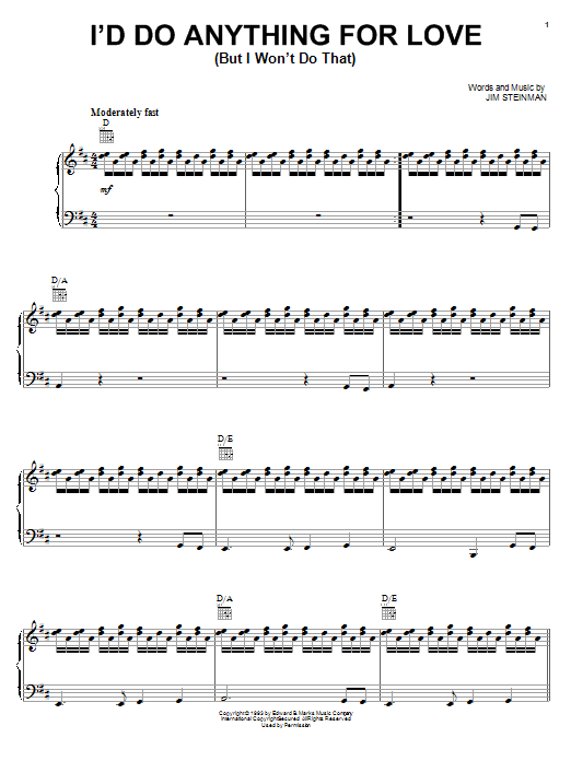 Meat Loaf I'd Do Anything For Love (But I Won't Do That) sheet music notes and chords. Download Printable PDF.