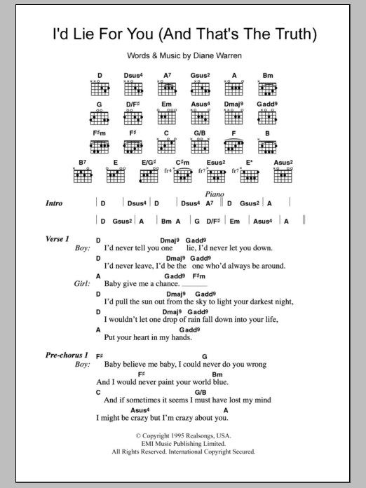 Meat Loaf I'd Lie For You (And That's The Truth) sheet music notes and chords. Download Printable PDF.