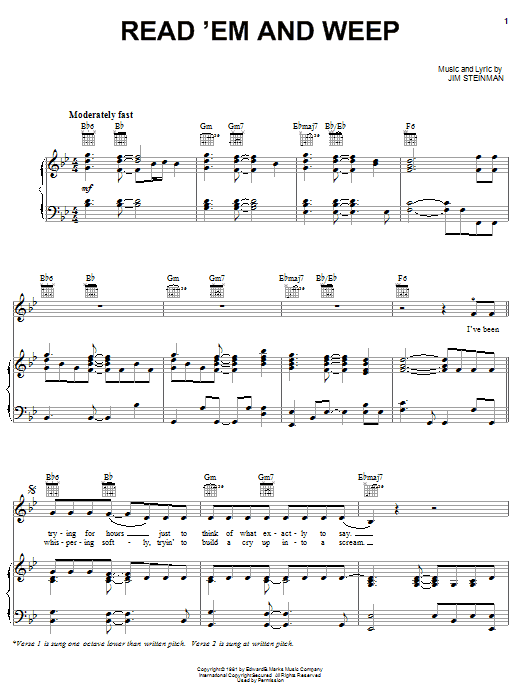 Learn to play Meat Loaf Read 'em And Weep sheet music for Piano, Vocal & Guitar Chords (Right-Hand Melody) in minutes. Price: 7.8900$ Meat Loaf Read 'em And Weep sheet music notes and chords arranged for Piano, Vocal & Guitar Chords (Right-Hand Melody)