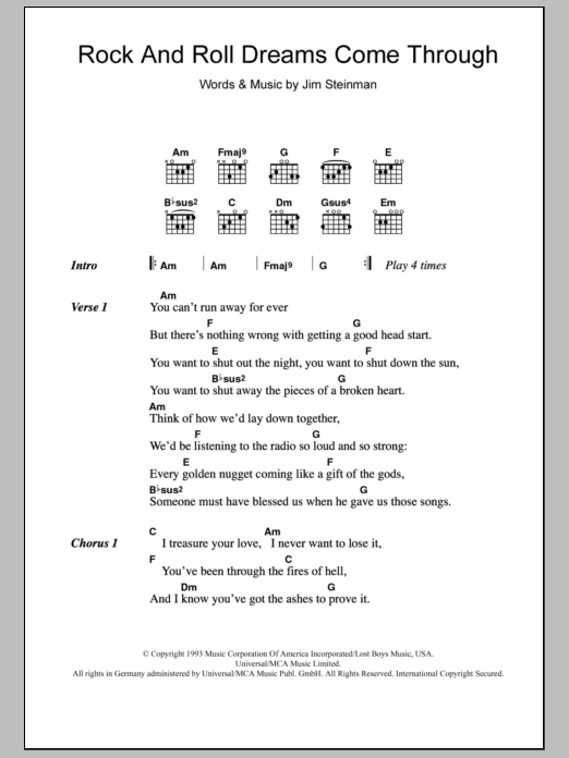 Learn to play Meat Loaf Rock And Roll Dreams Come Through sheet music for Guitar Chords/Lyrics in minutes. Price: 4.4900$ Meat Loaf Rock And Roll Dreams Come Through sheet music notes and chords arranged for Guitar Chords/Lyrics