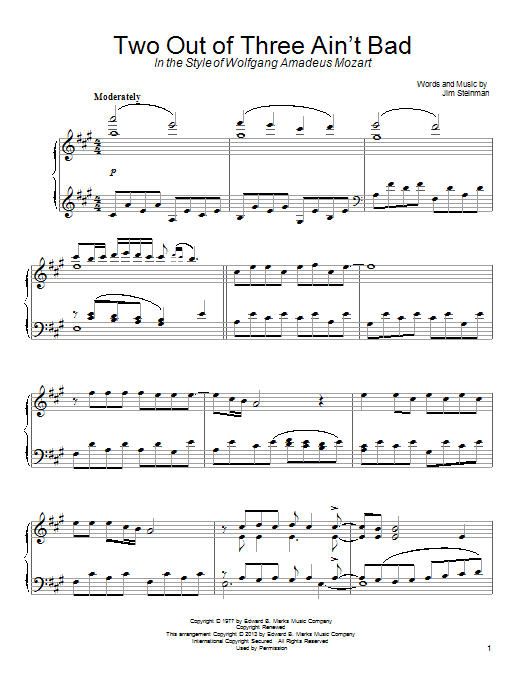 Meat Loaf Two Out Of Three Ain't Bad sheet music notes and chords arranged for Piano Solo