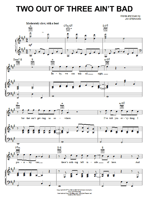 Meat Loaf Two Out Of Three Ain't Bad sheet music notes and chords. Download Printable PDF.