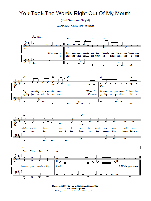 Meat Loaf You Took The Words Right Out Of My Mouth (Hot Summer Night) sheet music notes and chords. Download Printable PDF.