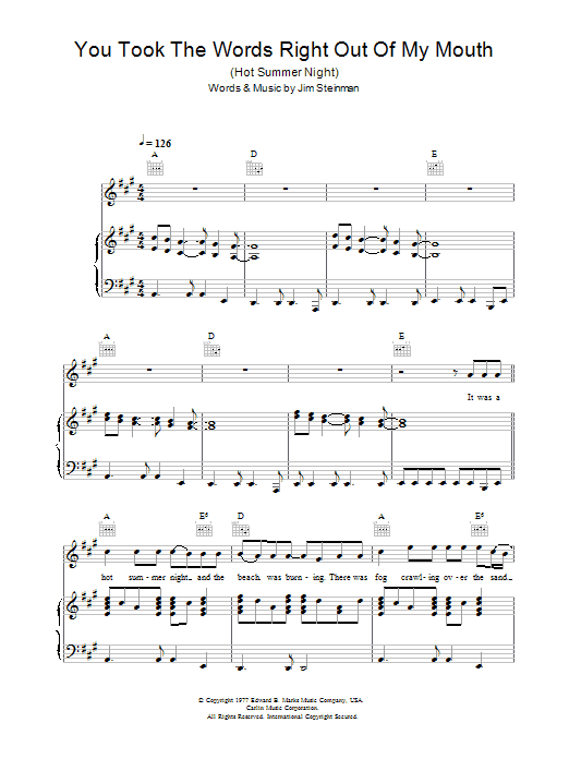 Meat Loaf You Took The Words Right Out Of My Mouth (Hot Summer Night) sheet music notes and chords arranged for Piano, Vocal & Guitar Chords